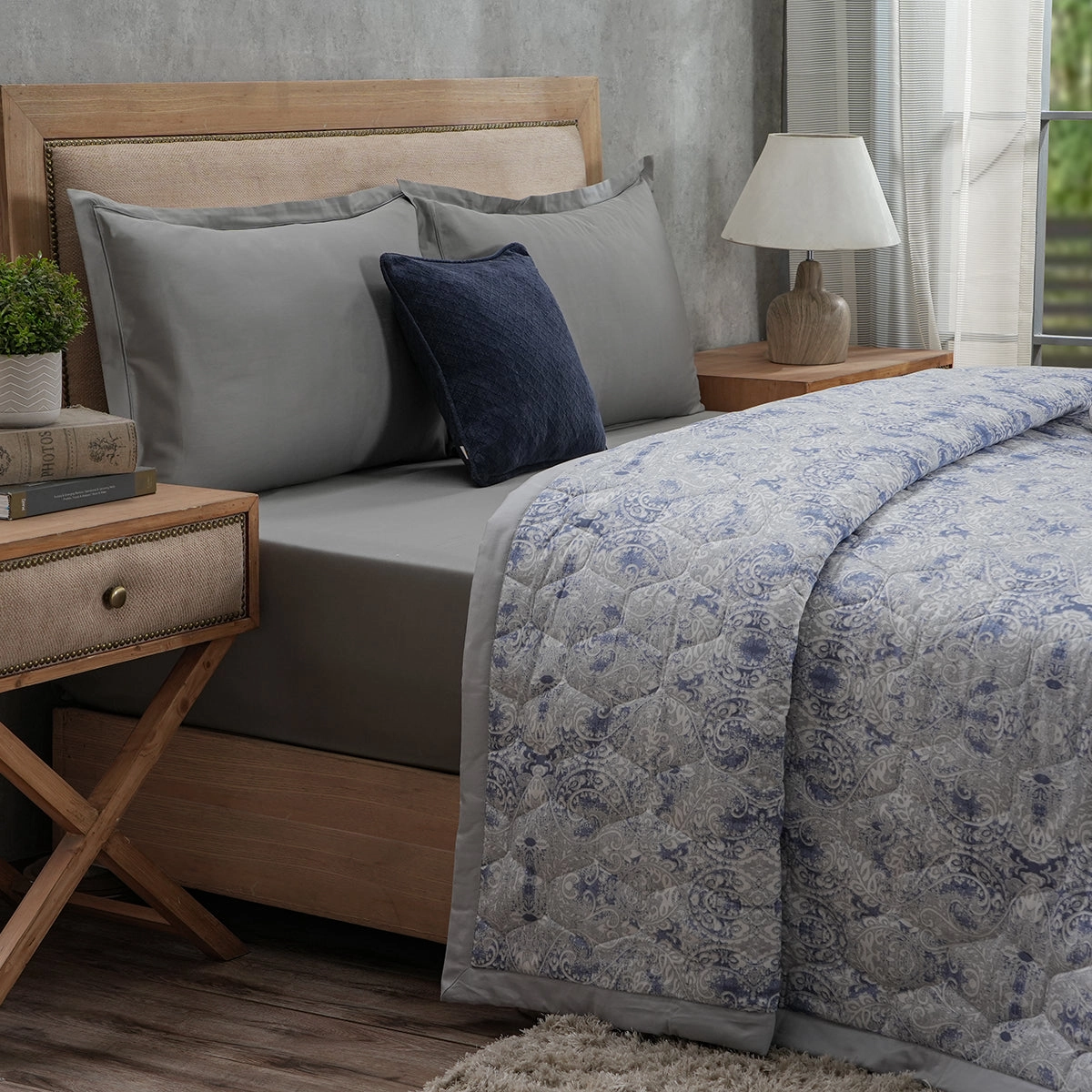 6PC Quilt/Quilted Bed Cover Set Blue PBS Refined Retro Baroque