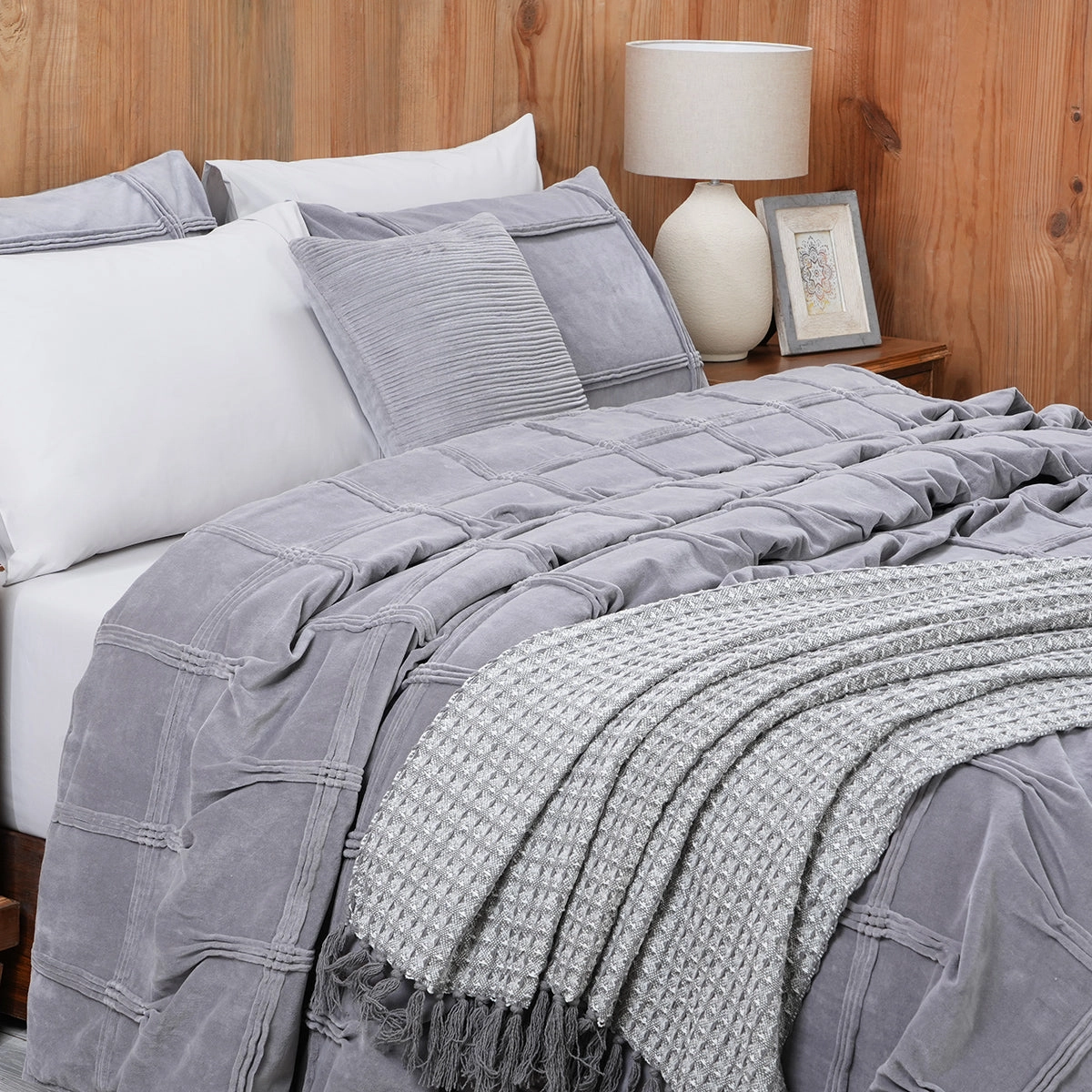9PC Quilt/Quilted Bed Cover Set Rurban Opulence Wiggle Pinch Grey