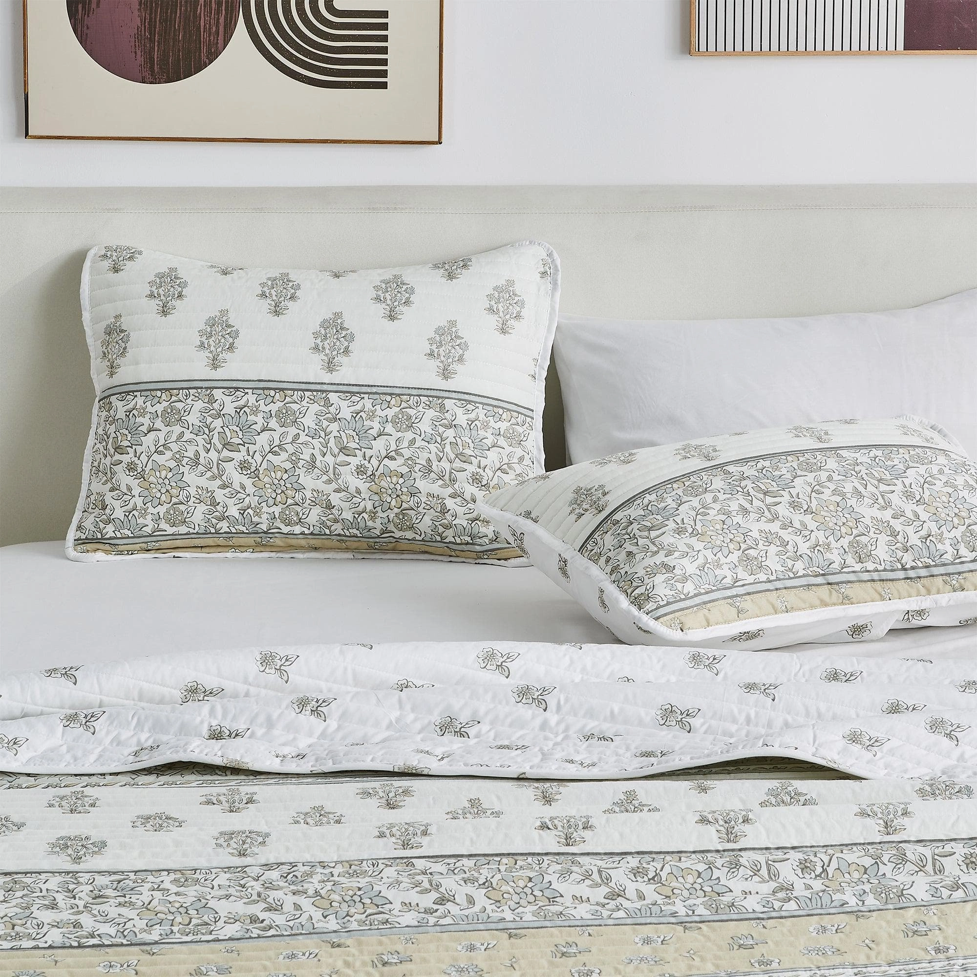 Floral Striped Microfiber Quilt Set - Hermine Collection