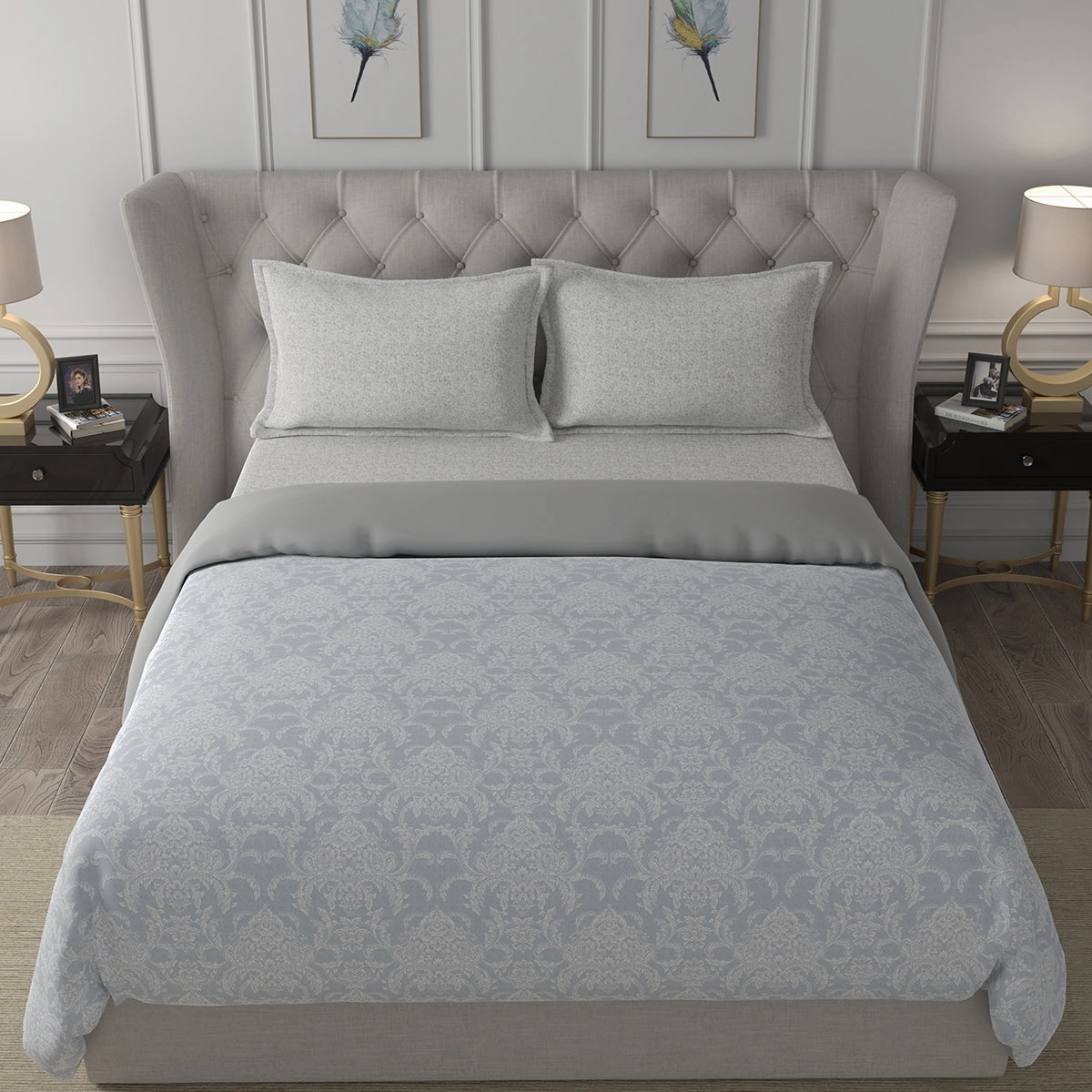 Hermosa Exotic Bouquet Damask Floral Grey 4 Pc Quilt/Quilted Bed Cover Set