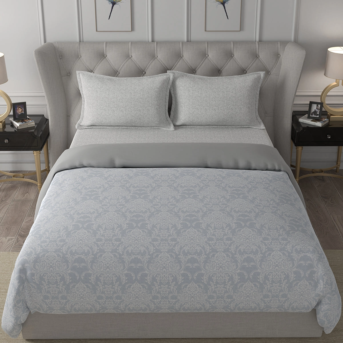 Hermosa Exotic Bouquet Damask Floral Grey Quilt