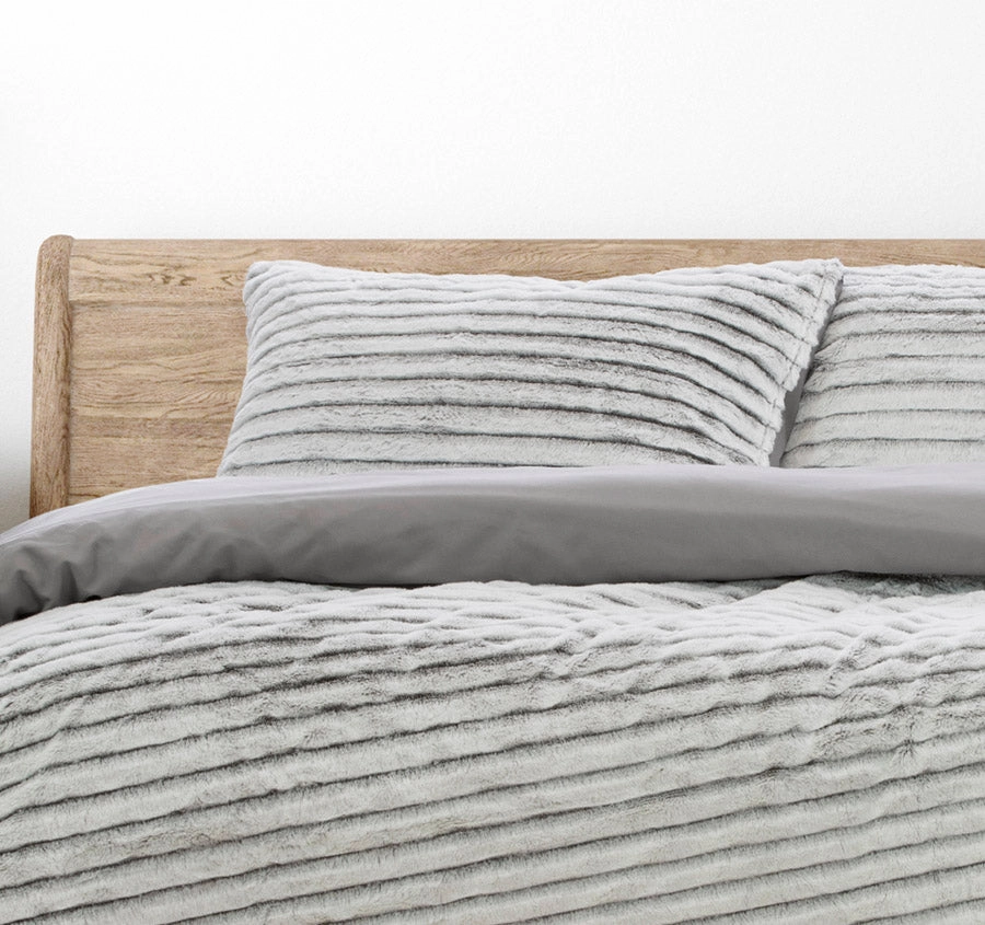 Striped Faux Fur Quilt Cover Set Range Grey