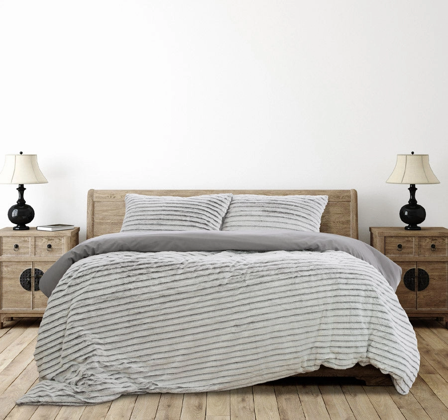 Striped Faux Fur Quilt Cover Set Range Grey