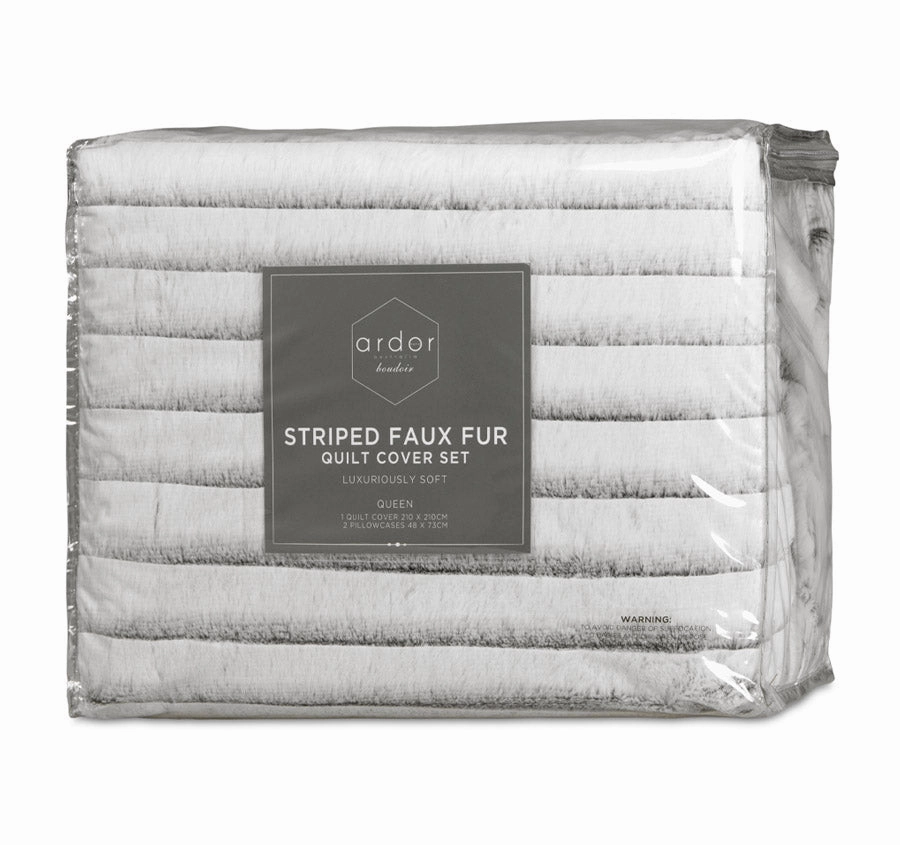 Striped Faux Fur Quilt Cover Set Range Grey