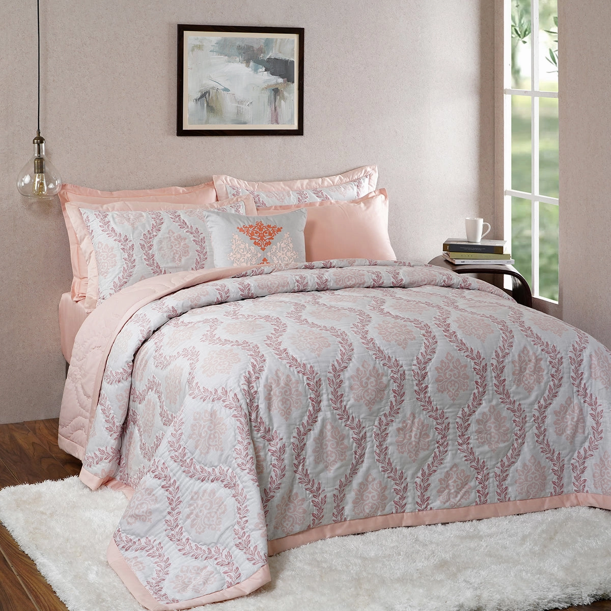 Tranquil Essence Lawn Leaflet Peach 8 PC Quilt/Quilted Bed Cover Set
