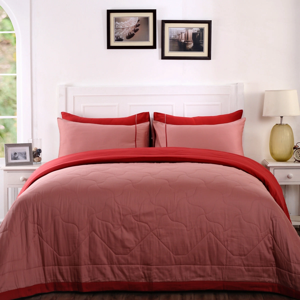 Vincent Reversible Brick Red/Cameo Brown Quilt/Quilted Bed Cover Set