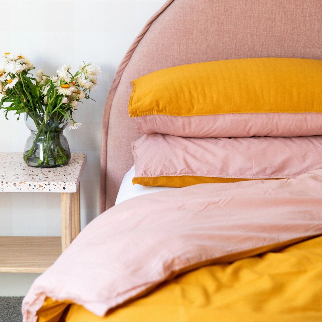 Vintage Cotton Reversible Quilt Cover Set - Mustard & Dusty Pink